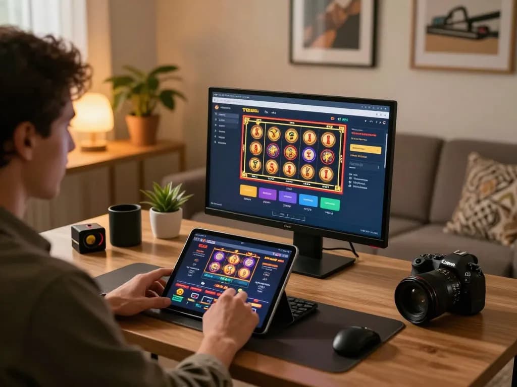 Engaging gameplay with TG88 casino app on tablet in cozy home office environment showcasing strategic gaming
