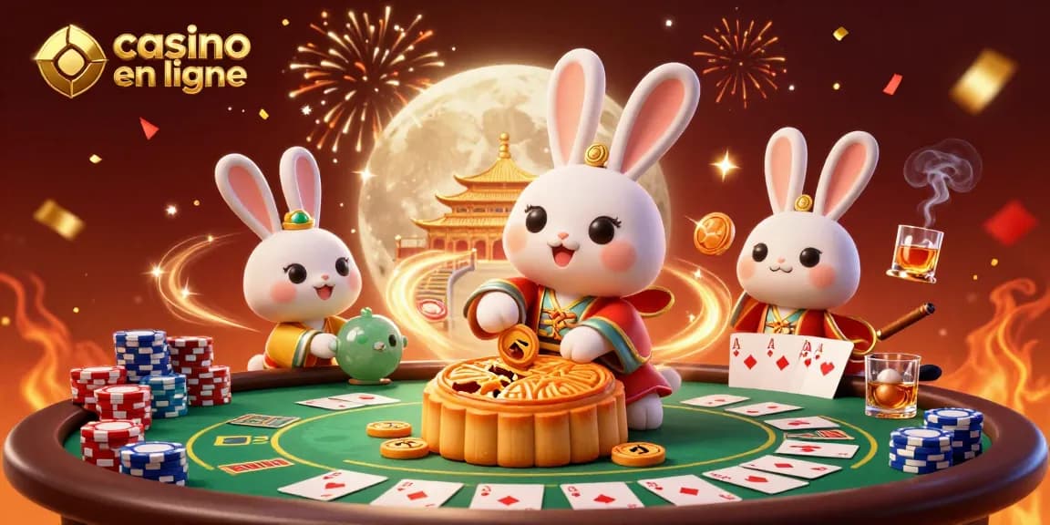 Illustration d'un casino en ligne avec un lapin lunaire et des jetons de poker, ambiance festive
