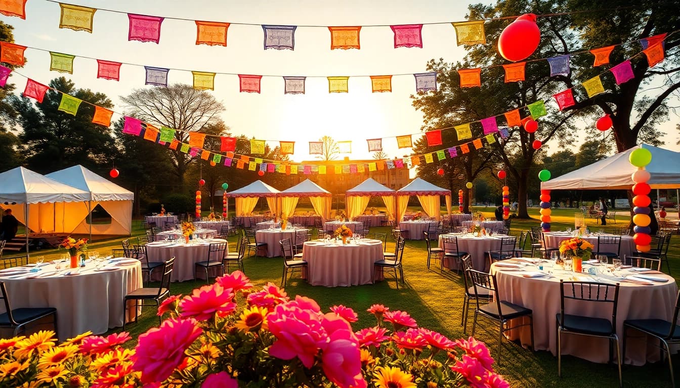Elegant outdoor party rentals near me showcasing colorful decorations and vibrant setups.
