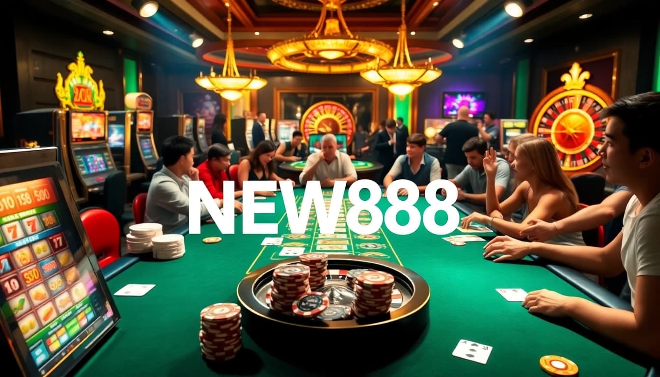 Experience the excitement of NEW88 at a luxurious casino table with vibrant poker action and sparkling chips.