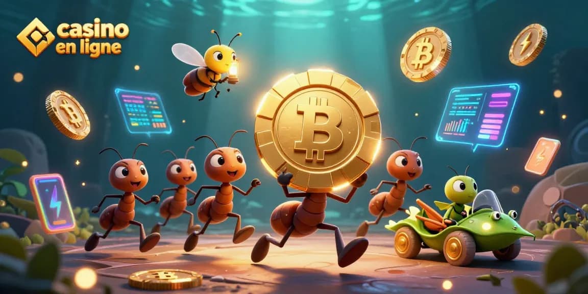 Plongez dans le monde du casino en ligne avec une équipe de fourmis transportant une puce de poker dorée.