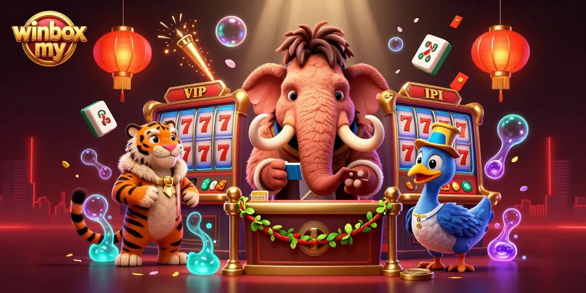 Experience winbox my excitement with a vibrant casino scene featuring VIP characters and dynamic game elements, enhancing your gaming adventure.