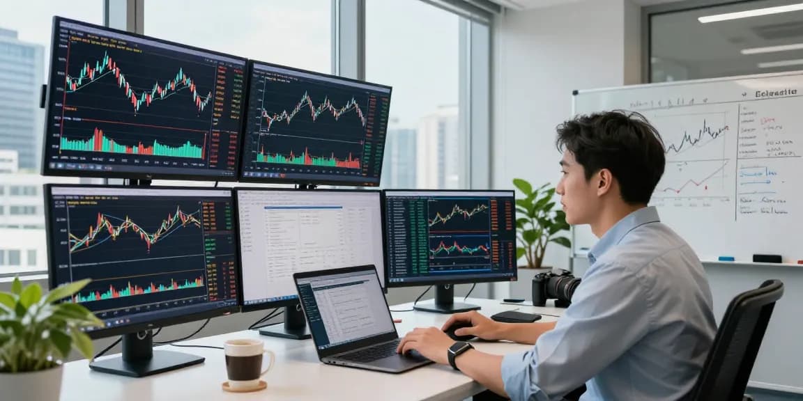 Soybean oil futures API being analyzed by a data analyst with live charts in a modern office setting.