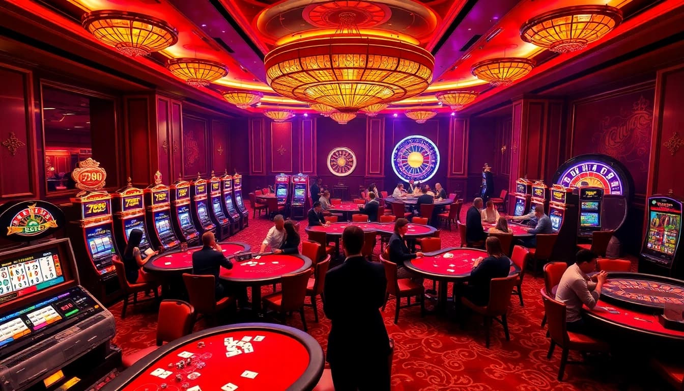 Experience 789 bet's thrilling casino atmosphere with players and spinning roulette wheels.