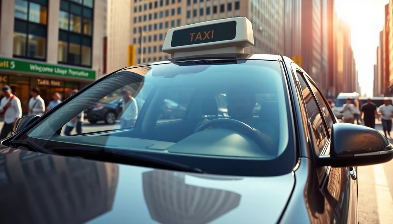 Experience seamless long distance taxi transfers with a modern taxi in an urban landscape.