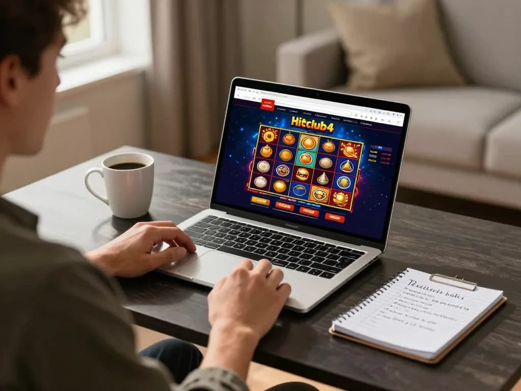Experience online gambling with hitclub4 on a laptop in a cozy home setup, showcasing vibrant gaming.