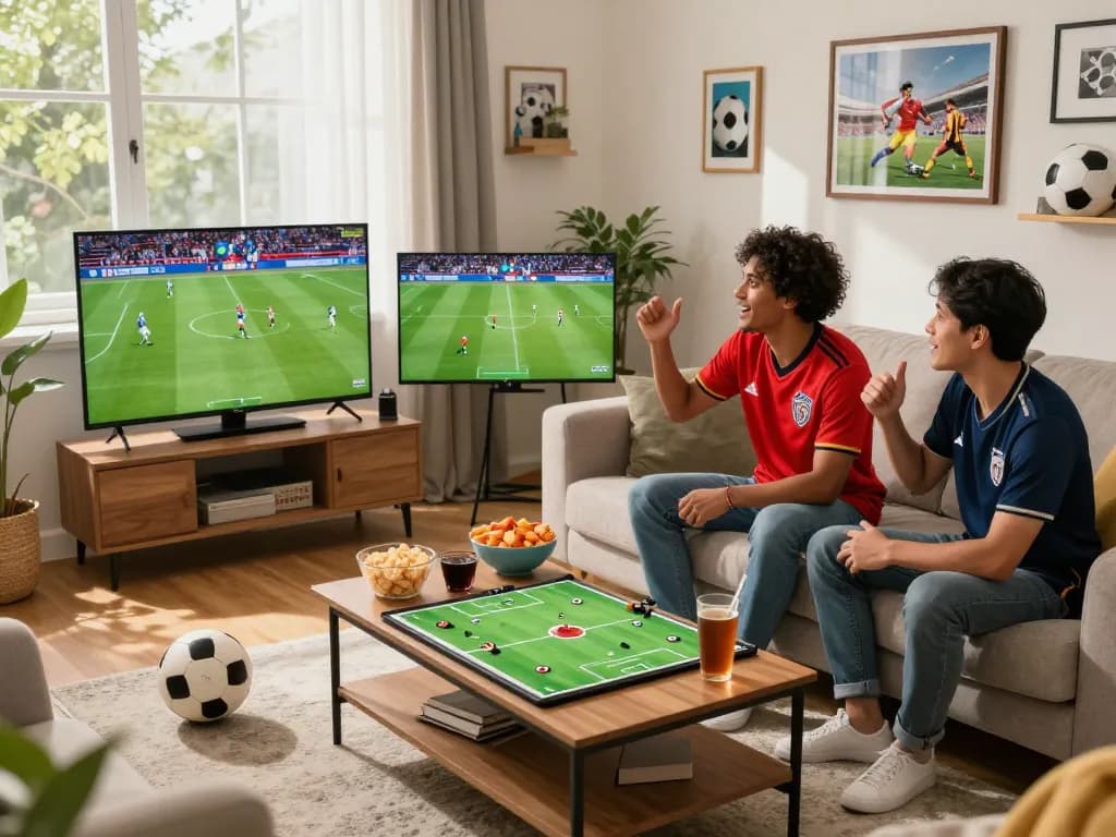 Excited fans enjoying a football match on lương sơn tv with multiple screens and a cozy atmosphere.