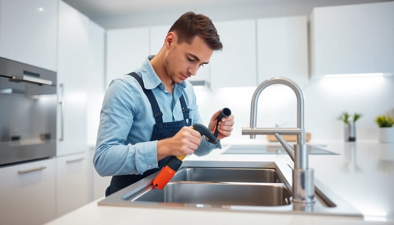 Reliable plumber near me fixing a sink in a modern kitchen.