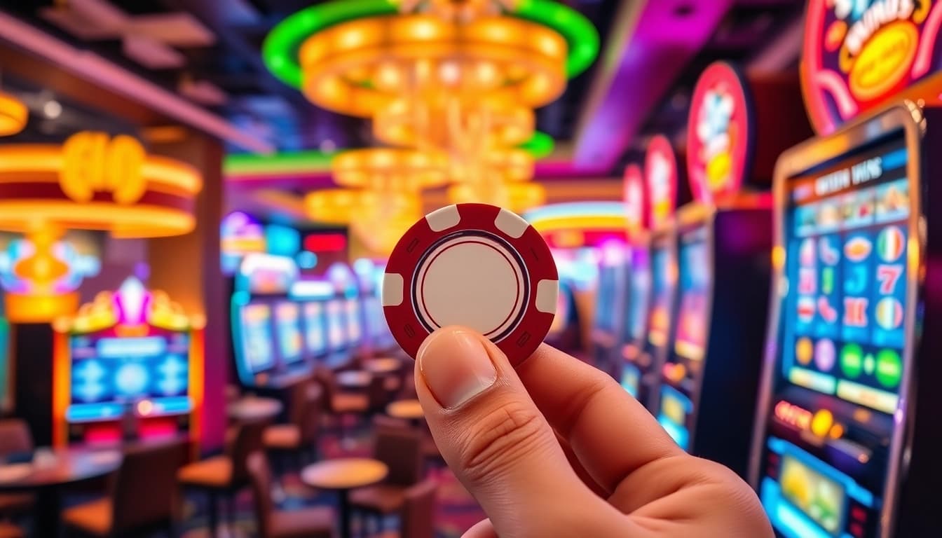 Highlighting casino bonuses with vivid chips and a winning slot machine amid a lively casino.