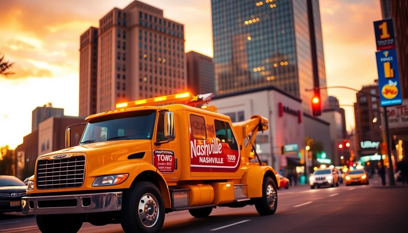 Towing service Nashville TN showcasing a bright yellow tow truck in a vibrant downtown setting.