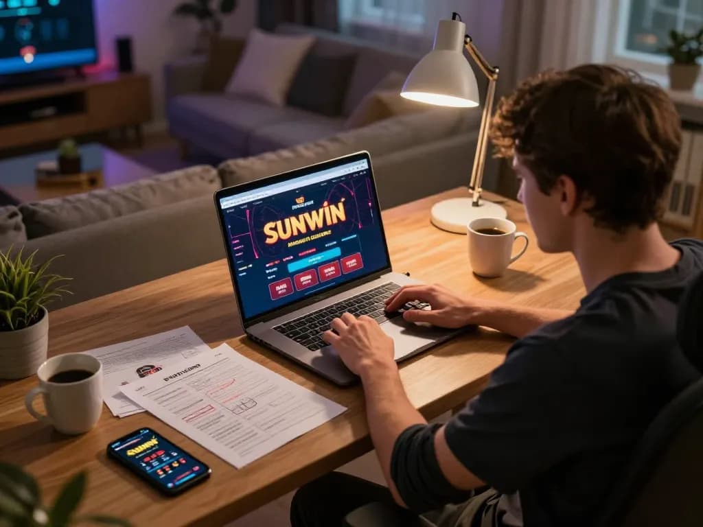 Player engaging with sunwin casino games on a laptop, showcasing a strategic online gaming setup