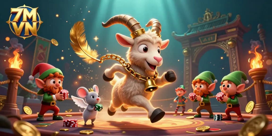 Engage with 7M VN in a lively festive casino managed by a 3D cartoon Krampus goat, featuring vibrant gambling dynamics.