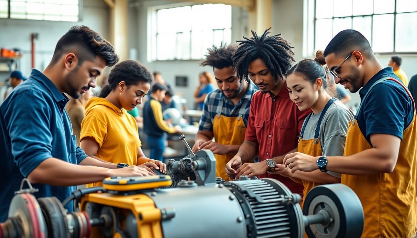 Engaged young adults in apprenticeship programs collaborating on a mechanical project in a workshop.