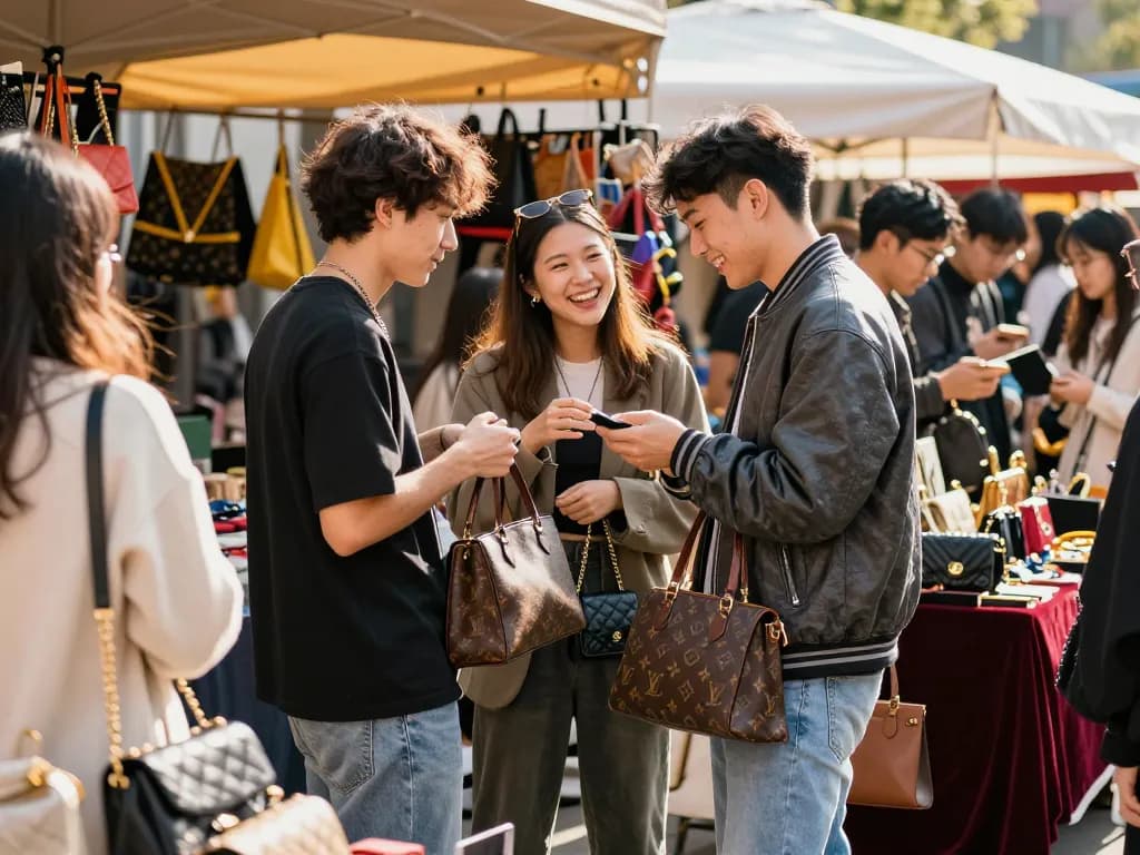 Young shoppers exploring stylish 레플리카 fashion items at a vibrant market.