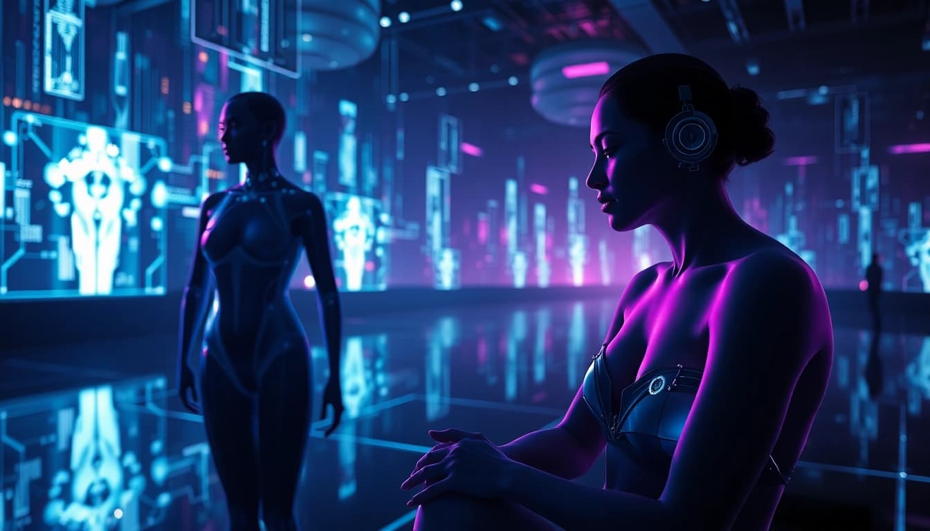 Visual representation of AI-generated pornography, featuring human figures and futuristic technology.