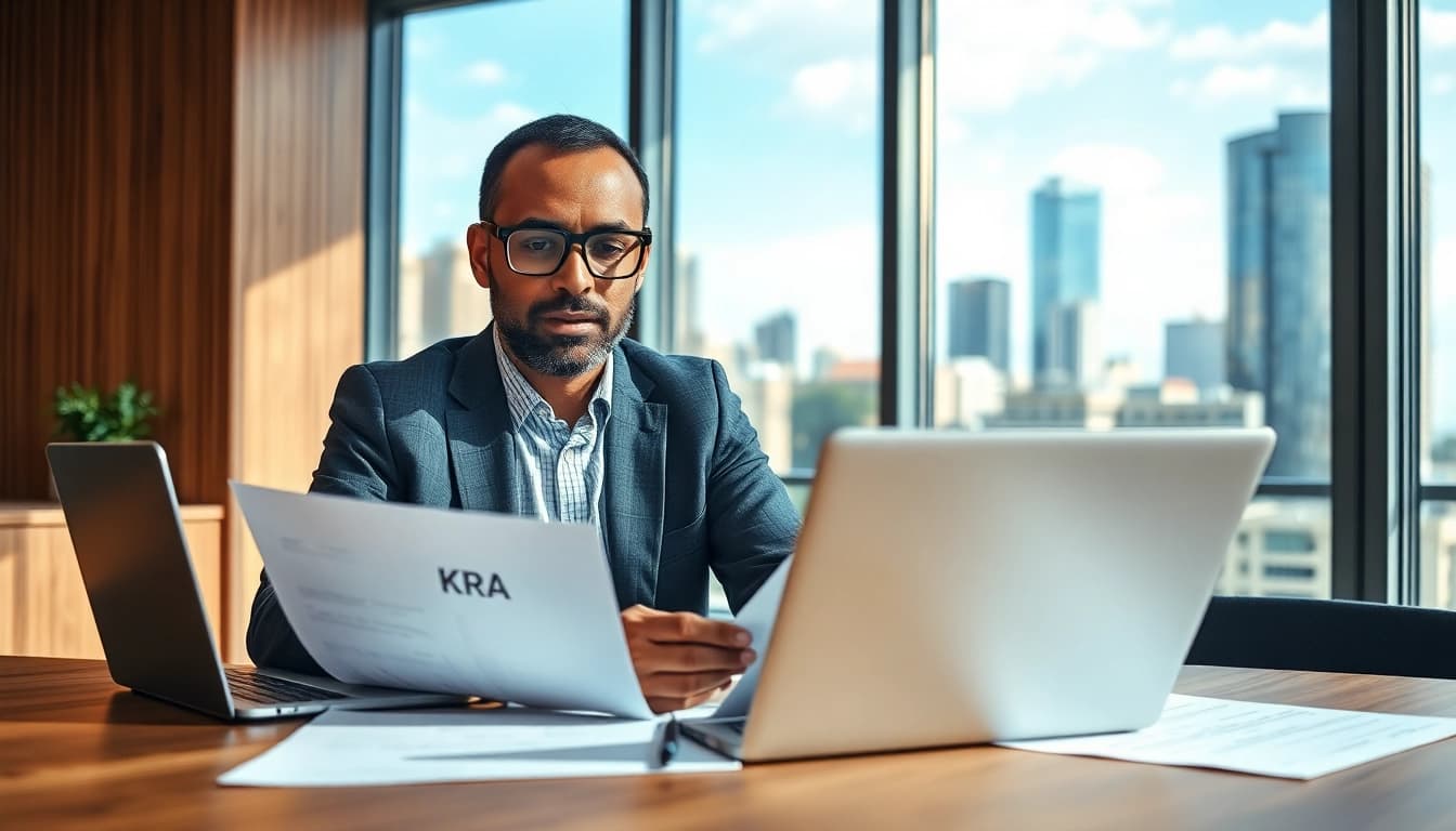 KRA PIN Registration for Foreigners process with a professional reviewing documents in an office environment.