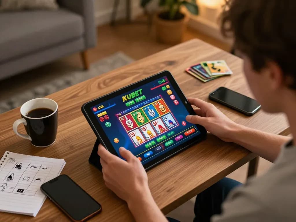 KUBET gaming setup showing a person engaged in live casino action on a tablet.