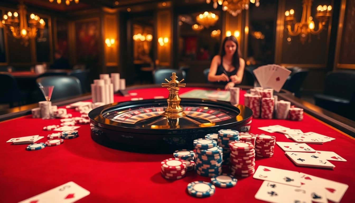 Join the excitement at 5z7776 com with a vibrant casino scene showcasing roulette and poker chips.