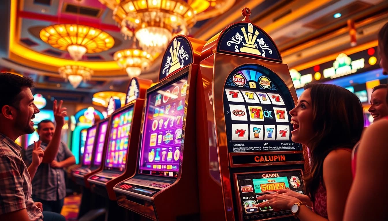 Permainan situs toto dengan mesin slot yang berwarna-warni dan pemain yang bahagia.