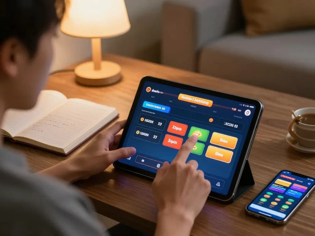 Engaging with 32win online casino setup in a cozy living room while focusing on strategic betting