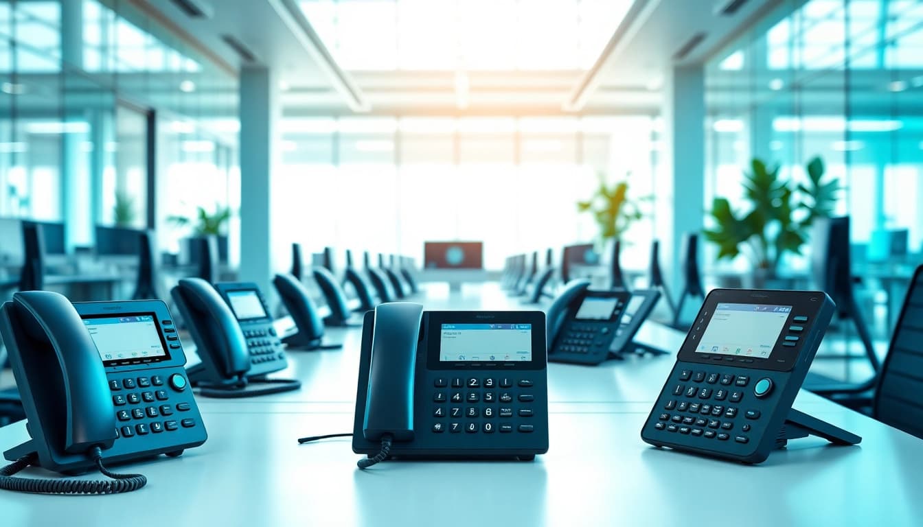 Showcasing business phone systems in a modern office, emphasizing innovation and connectivity.