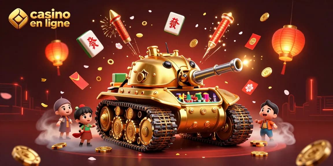 Jouer dans un casino en ligne illustré avec un tank en or et des éléments ludiques.