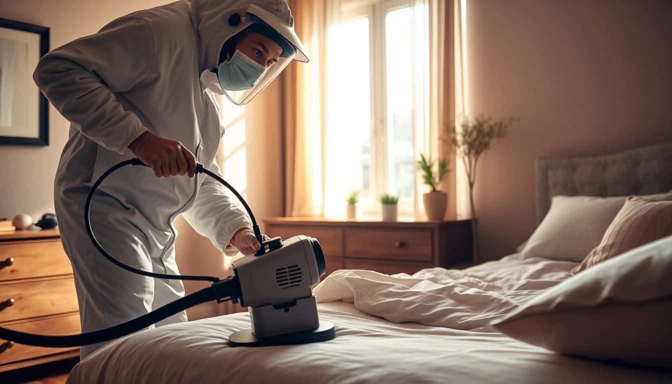 Efficient bed bug exterminator applying heat treatment with professional equipment in a cozy bedroom.