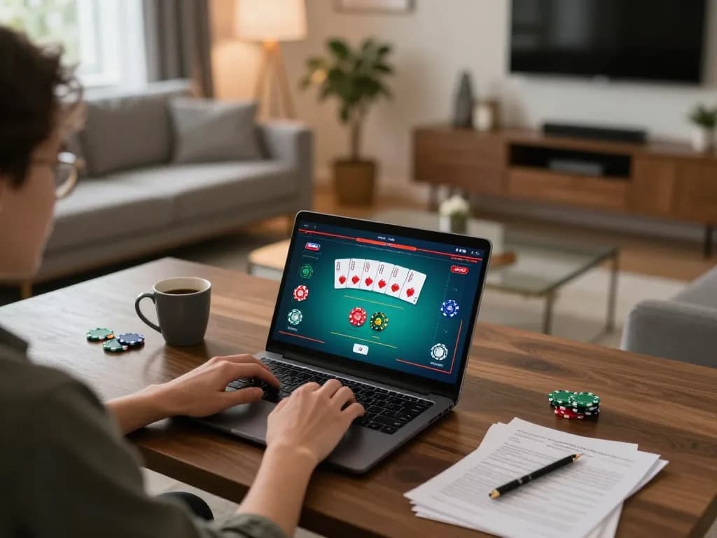 Engaging in online casino gaming at home with https://soikeo.in.net/ displayed on screen, poker game interface visible