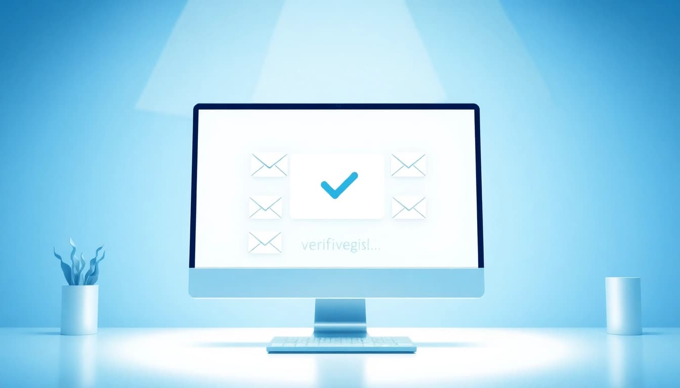 Illustration de vérification d'email montrant un écran avec des confirmations d'adresses emails vérifiées.