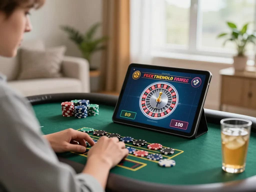 Player enjoying RR88 live dealer roulette on tablet in a cozy modern setup