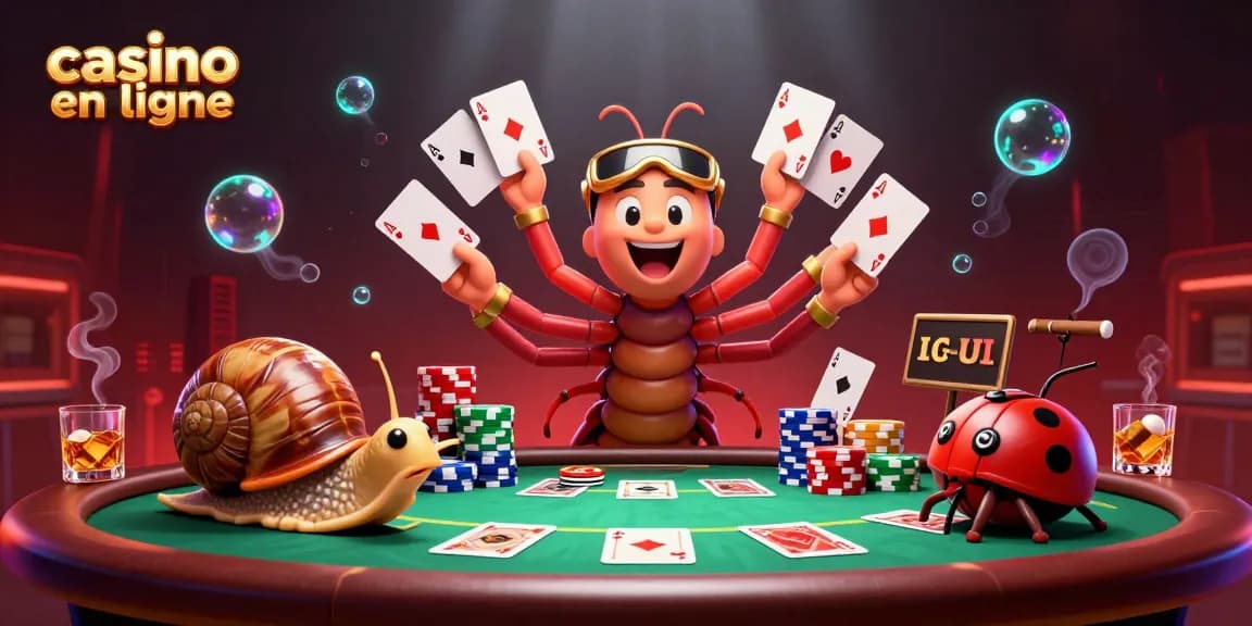 Jouer au casino en ligne avec un croupier caricatural et un escargot à pile de jetons.
