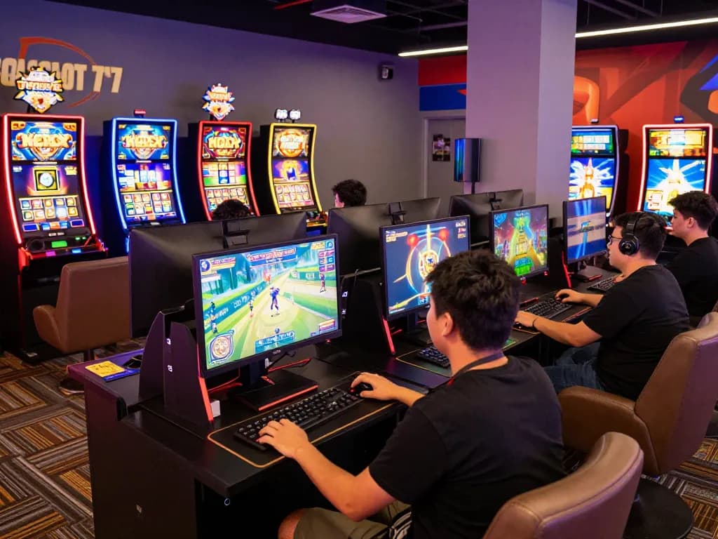 Exciting gaming scene at VEGASSLOT77 with players immersed in slot games and vibrant graphics.