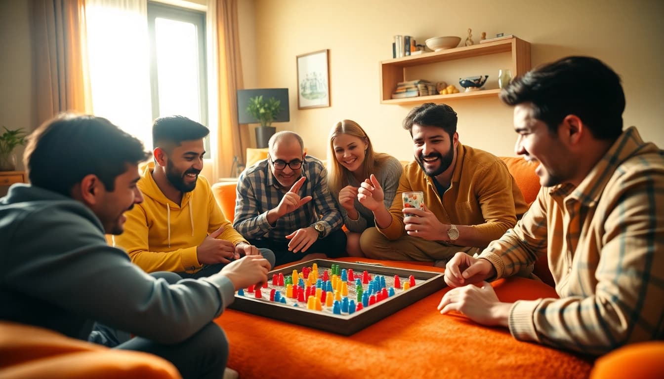 Players enjoying lively daman games together in a cozy setting, conveying excitement and engagement