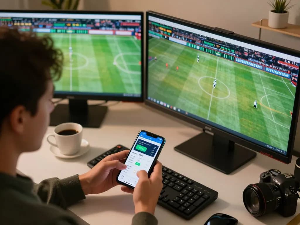 Betting on FB88 using a smartphone in a stylish workspace, showcasing live sports odds.