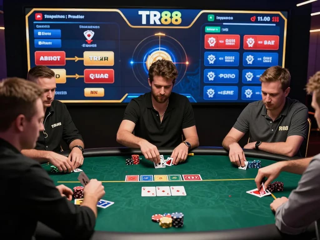 Players engage in intense poker action at TR88, showcasing strategic gameplay with digital cards and chips.
