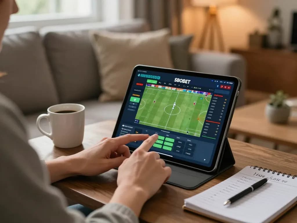 SBOBET sports betting action on a tablet with live odds in a cozy home setting.