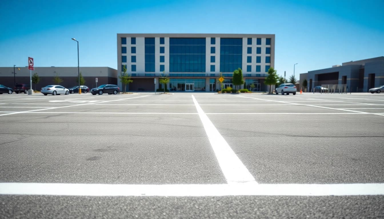 Expertly executed Parking lot striping Jackson MS creating clear and organized spaces in a professional urban setting.