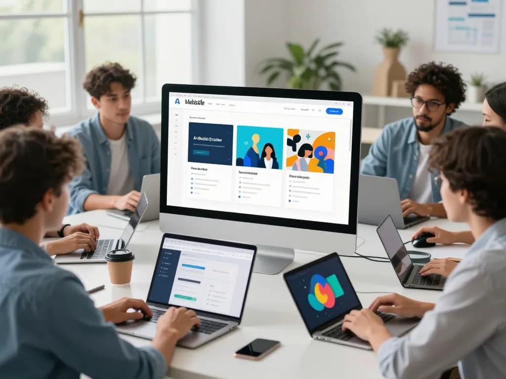 Collaboration in a modern workspace using an AI website builder tool for website creation.