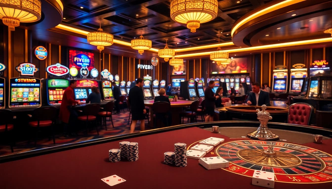 Experience the thrill of FIVE88 with vibrant casino tables, chic poker chips, and alluring slot machines.