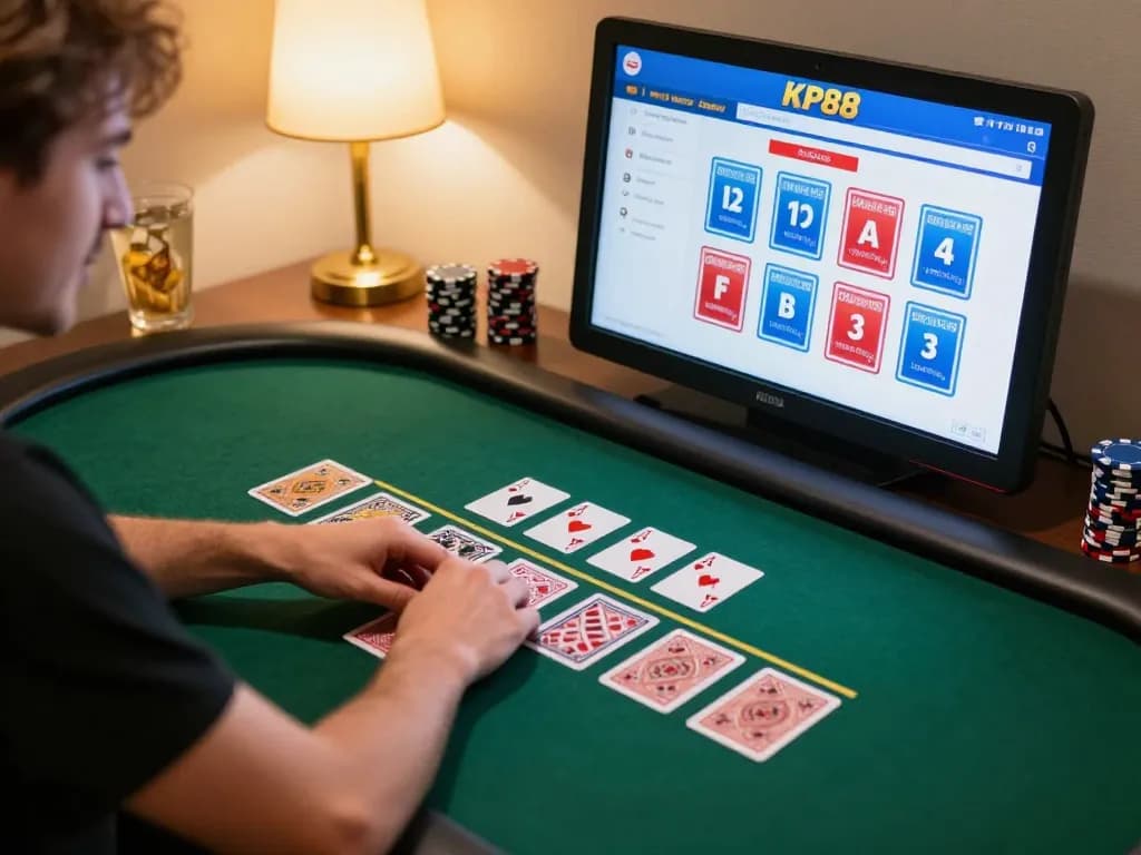 Excited player at KP88 online casino engages in live dealer poker game from home setup