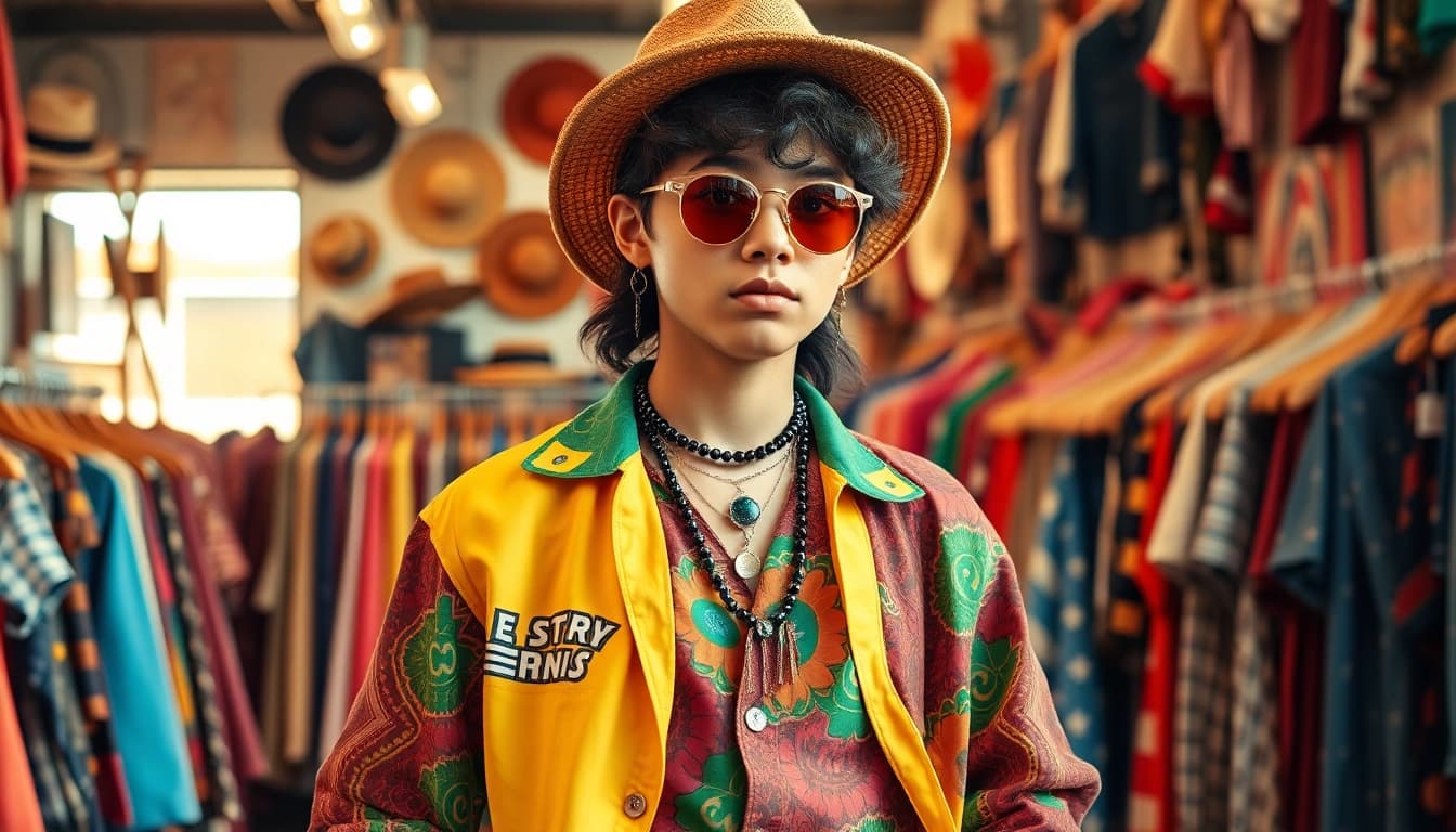 Showcasing stylish vintage outfits from https://thrift-vintage.com with colorful fabrics and accessories.