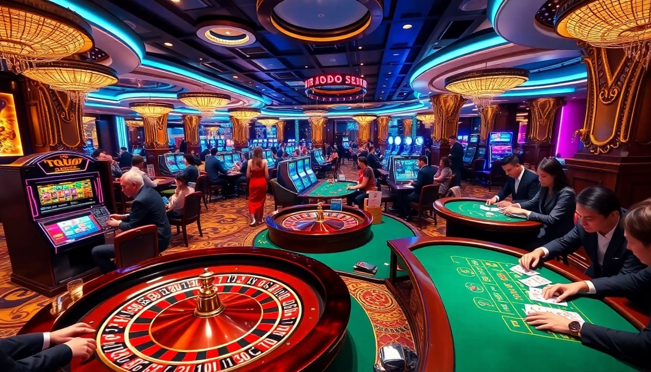 Experience the thrill of "trang chủ PS99" with players at poker tables and spinning roulette wheels.