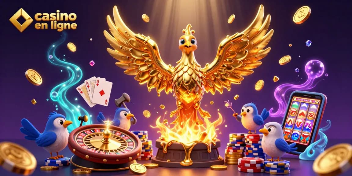 Une illustration 3D de la phoenix dorée symbolisant le casino en ligne, avec des pièces de monnaie et des cartes scintillantes.