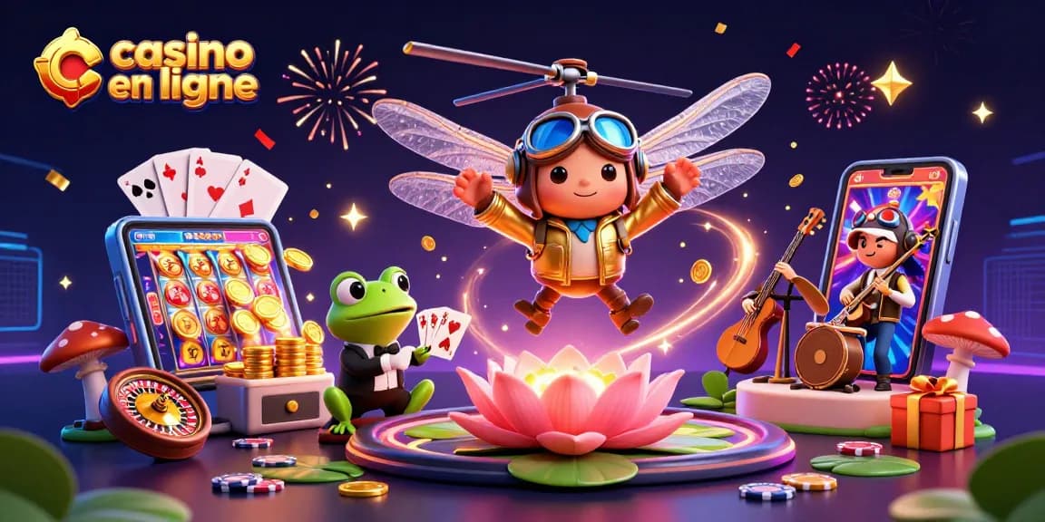 Profitez de l’expérience du casino en ligne avec un pilote de libellule et un croupier grenouille dans une scène animée.