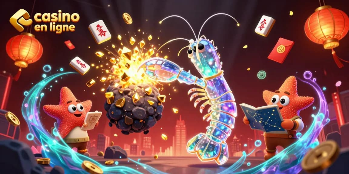 Célébrez l'excitation du casino en ligne avec cette illustration colorée de machines à sous et gemmes dorées.