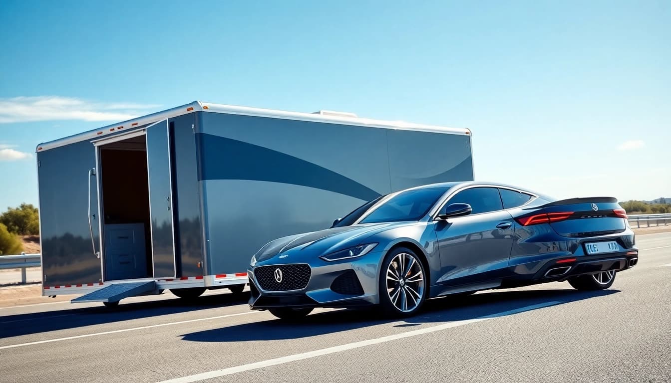 Secure enclosed auto transport showcasing a luxury vehicle in a modern trailer, emphasizing safety and style.
