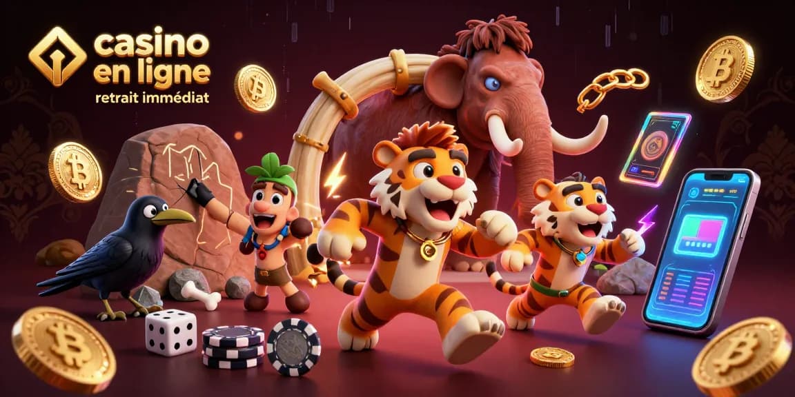 Profitez du casino en ligne retrait immédiat avec des personnages préhistoriques dans une scène dynamique.