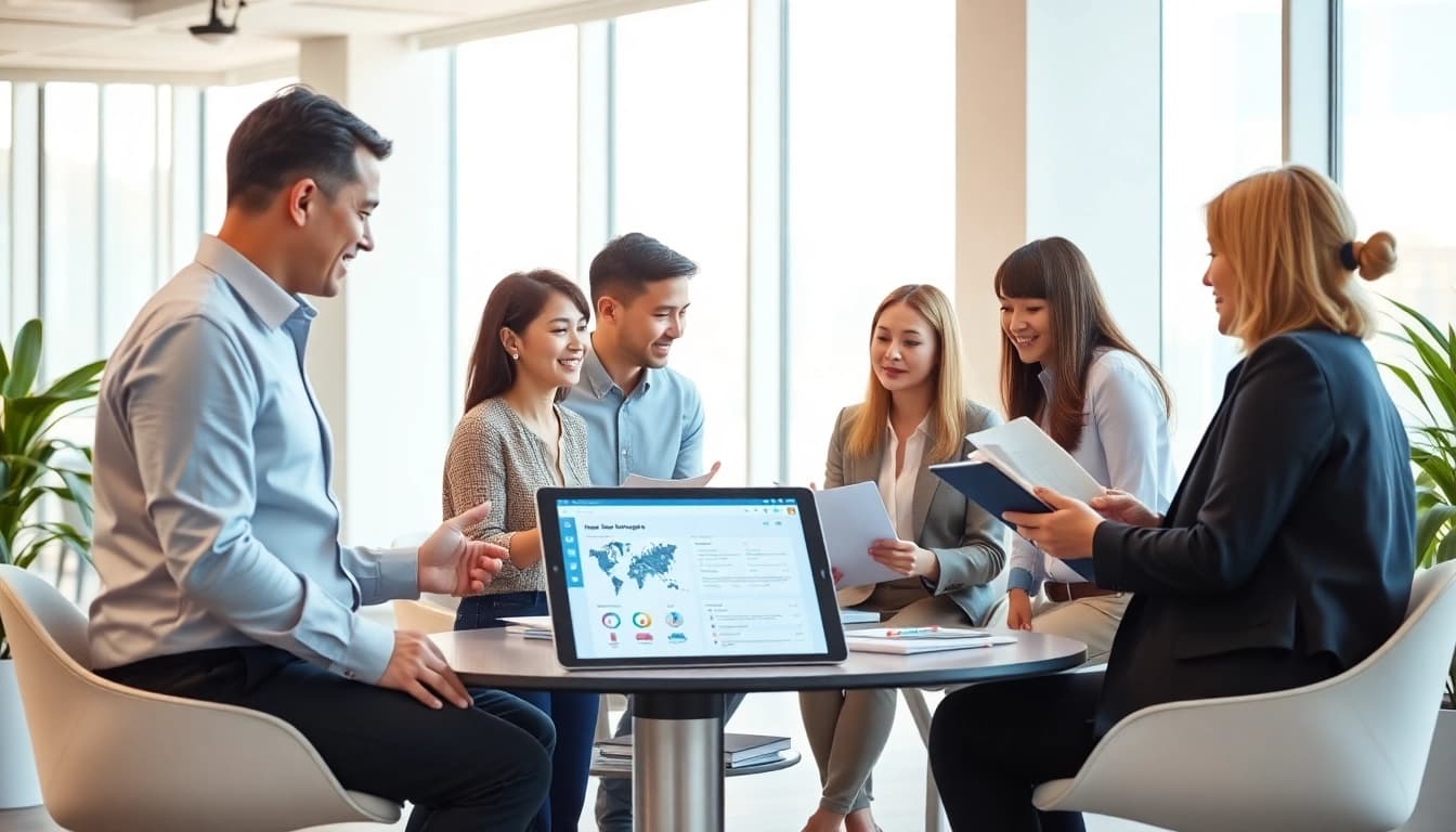 Engaging professionals using youdao翻译 AI technology in a modern office for seamless multilingual collaboration.