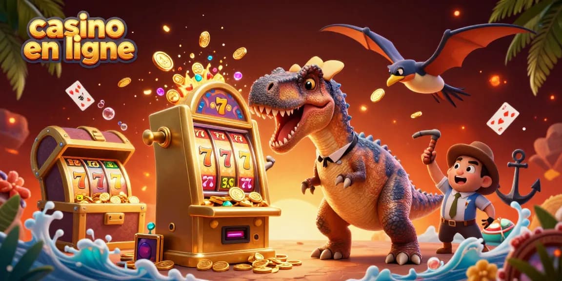 Illustration animée d'un pachycéphalosaure frappant une machine à sous à casino en ligne pour obtenir des jackpots de pièces.