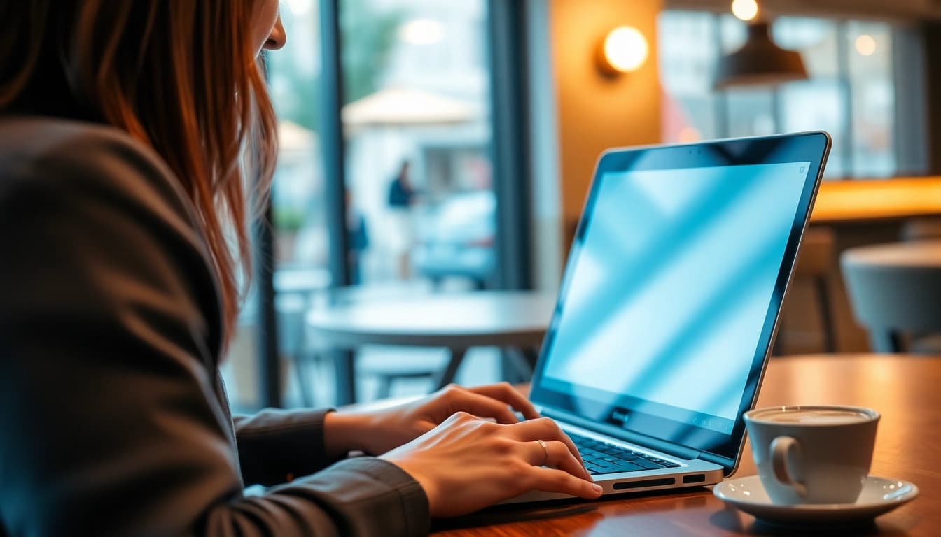 Una persona que busca maneras de hacer dinero online con su laptop en un café.